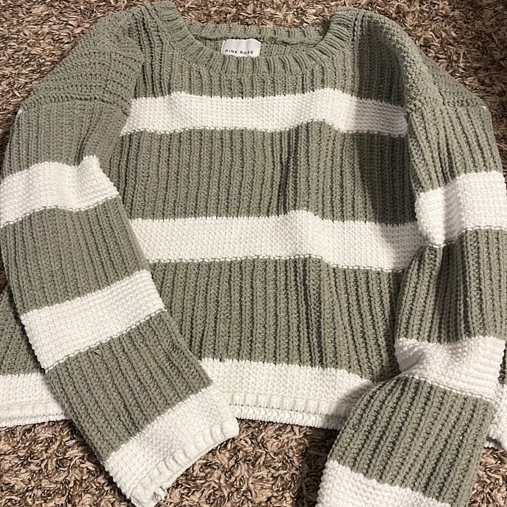Medium green and white striped sweater